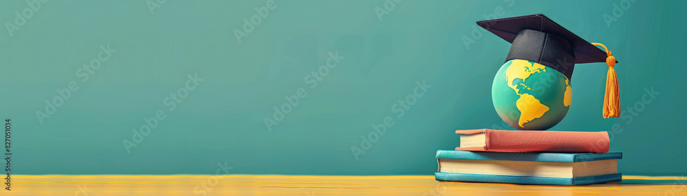 Poster a book stack with a globe and a cap on top of it. concept of education and learning