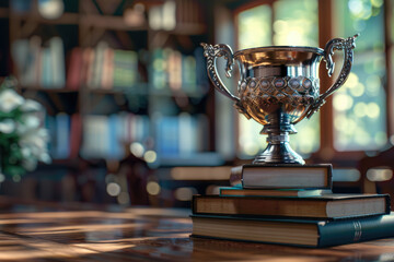 A trophy sits on top of a stack of books. The trophy is shiny and metallic, and the books are piled on top of each other. Concept of accomplishment and achievement