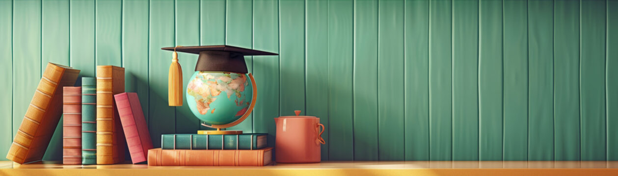 A green wall with a globe and a bookcase with books on it. The globe is on a stand and the books are arranged on the shelf