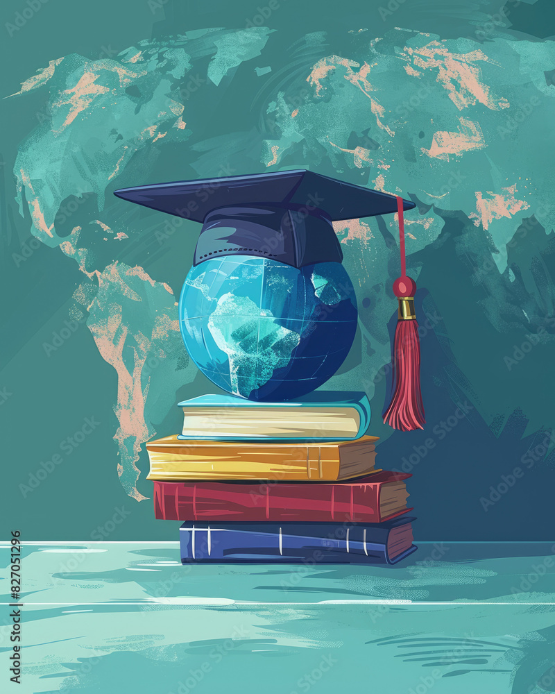 Poster a book stack with a globe on top of it and a red tassel. concept of education and learning