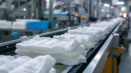 Disposable diaper production factory on the conveyor belt