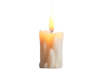 Close-up of a single lit candle with a soft yellow flame isolate on transparent background, cutout, png