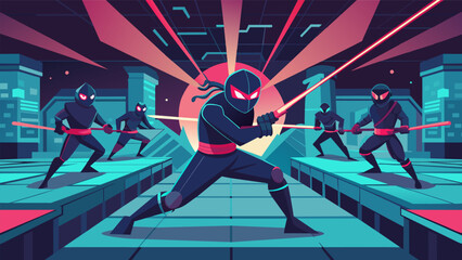In a hightech virtual setting ninja warriors must use their precision and speed to make their way through a course of laser beams and spinning blades.. Vector illustration