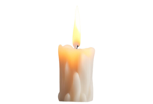 Close-up of a single lit candle with a soft yellow flame isolate on transparent background, cutout, png