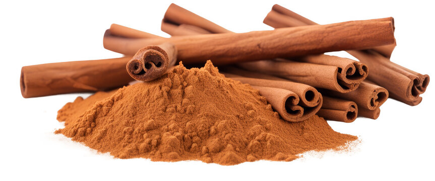 Close-up of cinnamon sticks and cinnamon powder isolate on transparent background, cutout, png