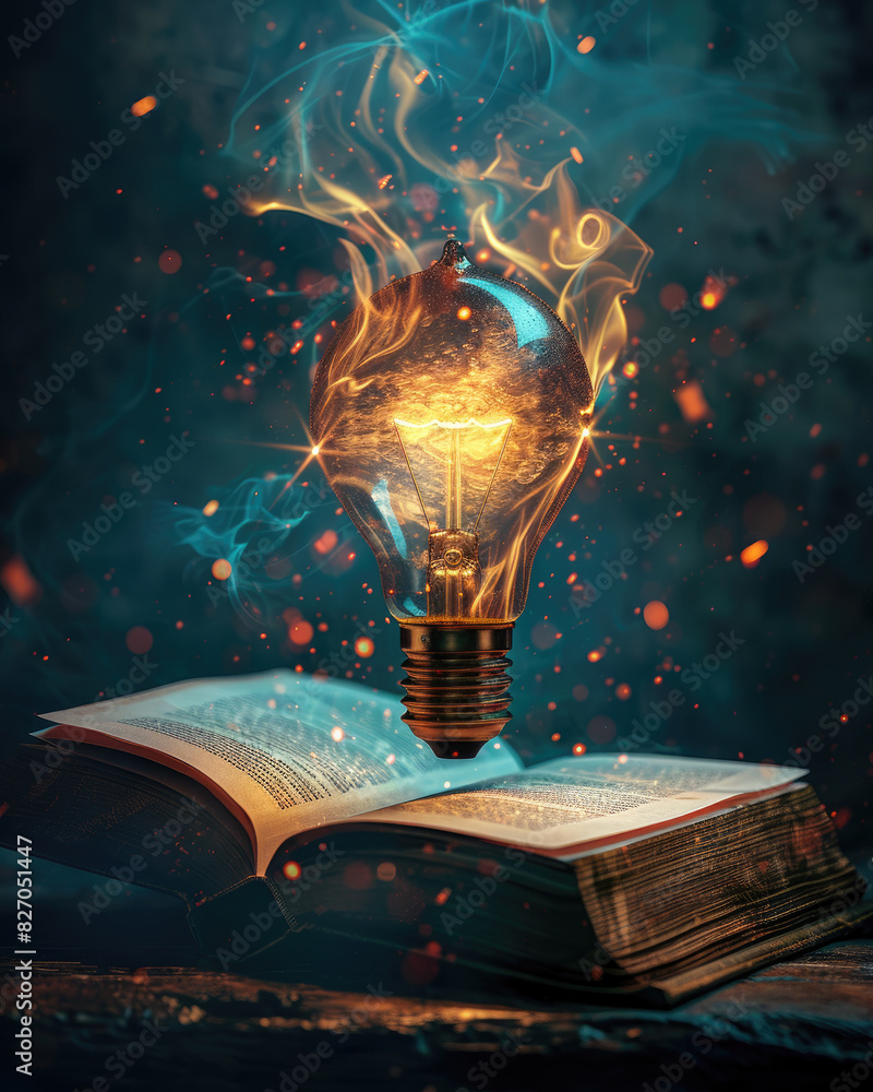 Poster glowing lightbulb in a book symbolizing imagination and innovative thinking in a detailed 3d render 