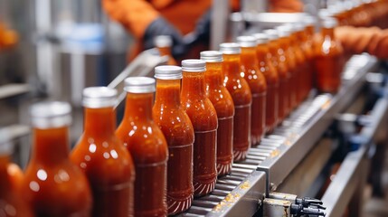 Factory producing bottled chili sauce on a conveyor belt