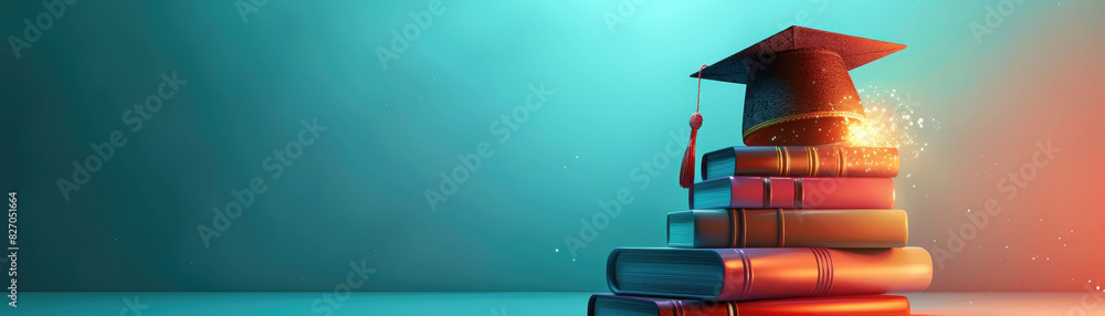 Poster a stack of books with a cap on top of them. the books are arranged in a pyramid shape