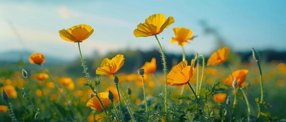 Yellow flowers with the option of tinting. Flower panorama for spring and summer. Heliopsis flowers in soft light on a blurred background for design and decoration.