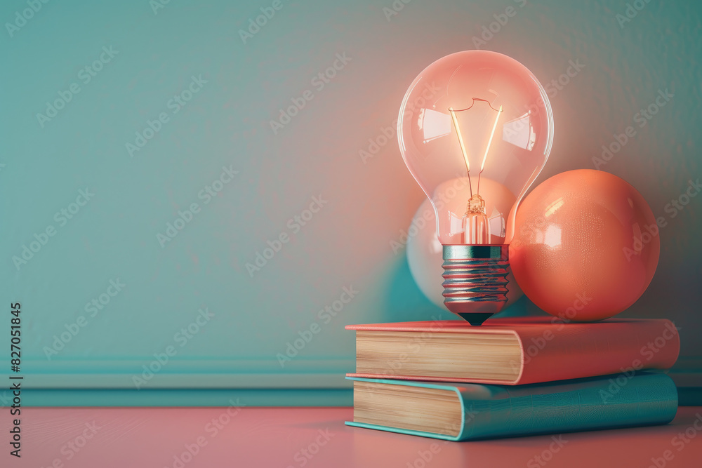 Poster a light bulb is lit up on a table with a stack of books. the light bulb represents an idea or a thou