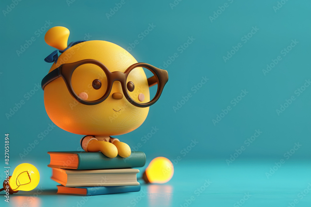 Aufkleber a cartoon character wearing glasses sits on top of a stack of books. concept of curiosity and learni