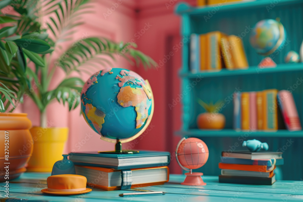 Poster a colorful room with a globe on a table and a stack of books. the room has a tropical theme with a p