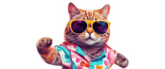 Cool cat wearing sunglasses and Hawaiian shirt isolate on transparent background, cutout, png