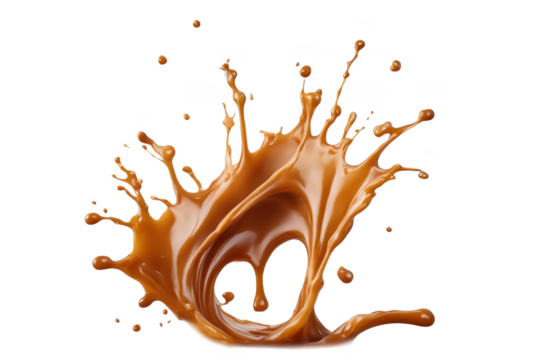 Dynamic caramel splash captured in motion isolate on transparent background, cutout, png