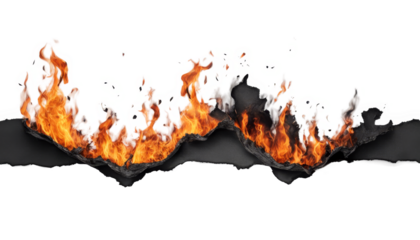 Flames burning through a sheet of paper isolate on transparent background, cutout, png