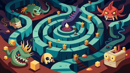 A twisted labyrinth filled with dangerous creatures and tempting treasures challenging even the bravest adventurers.. Vector illustration