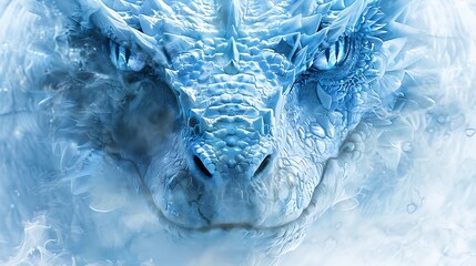 Ice blue dragon face with piercing eyes on a clean white surface, conveying a sense of mystery