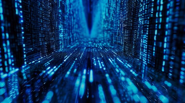 Blue digital binary data on computer screen background