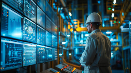 An engineer wearing a hard hat supervises multiple screens in a factory control room, ensuring smooth operations.