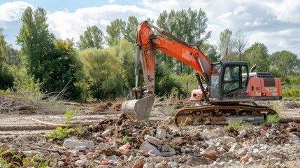 An excavator carefully removing debris from a construction site making sure to check for any potential animal habitats before proceeding.