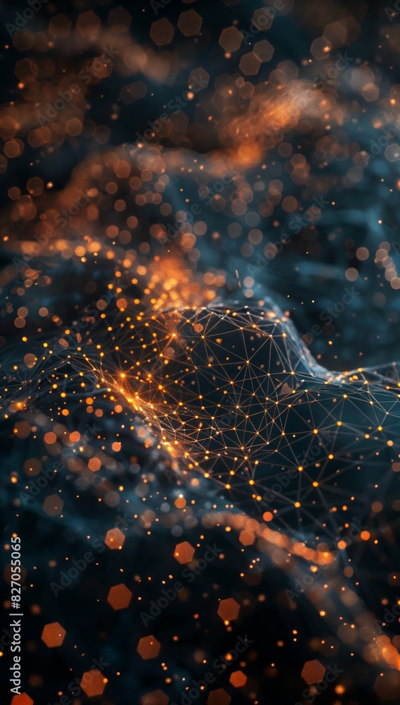 Poster illuminating the strength of data-driven communities: curved infographic with glowing nodes symboliz