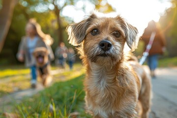 Pets enjoying morning walks with GPSenabled leashes, featuring diverse families