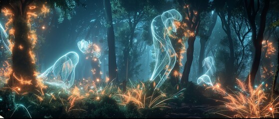 Set amidst a cybernetic forest of glowing trees and pulsating flora, abstract creatures of light and energy roam, their shimmering forms blending seamlessly with the digital foliage around them. 