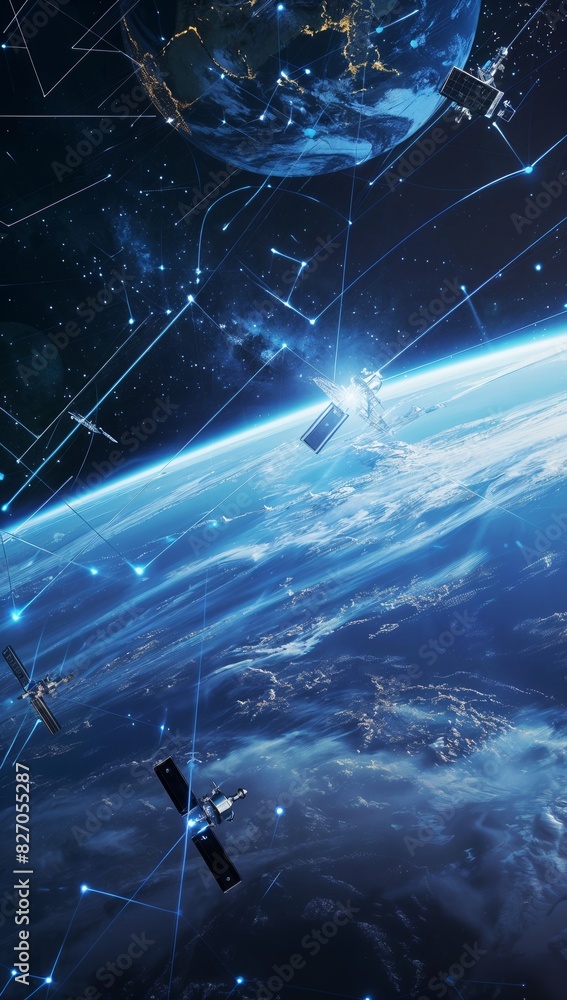 Poster digital connectivity: futuristic satellite network transmitting data for global cloud access
