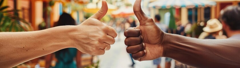 Closeup of hands giving a thumbs up, diverse backgrounds, outside a trendy restaurant, positive and energetic mood - Powered by Adobe