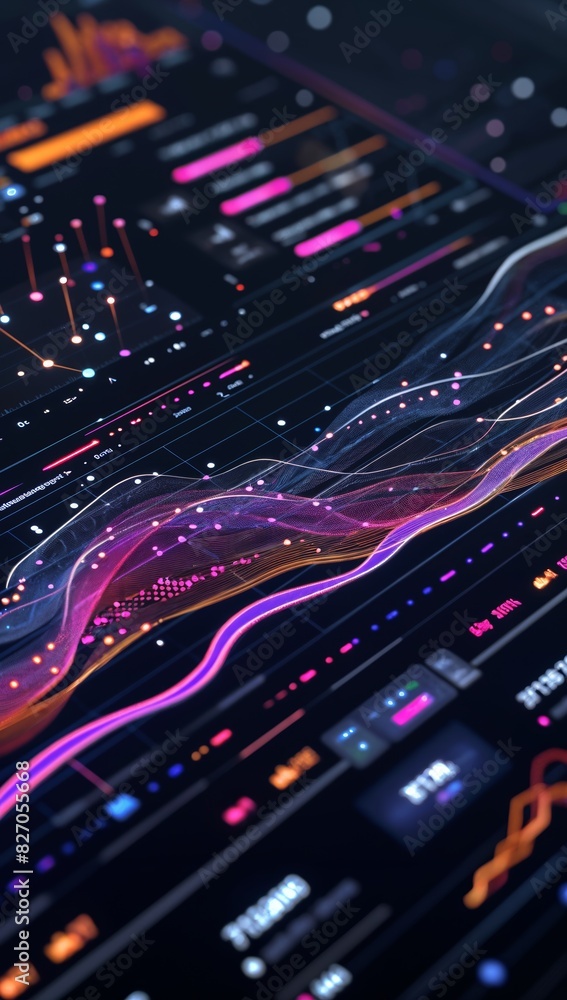 Poster futuristic data analysis dashboard with dynamic curves and community insights emerging from the clou