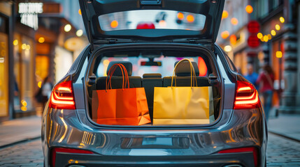 A cars trunk bursting with colorful shopping bags filled to the brim, ready for the next adventure