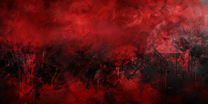 Abstract red and black textured background with dynamic brush strokes and splashes, creating a bold and intense visual impact with a sense of movement and energy. red grunge wall texture, halloween
