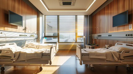 A hospital room with two beds, each neatly made, facing a central TV. The room is well-lit and sterile, awaiting occupants