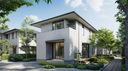 閑静な住宅地に建つ２階建て住宅の外観パース｜建築パース