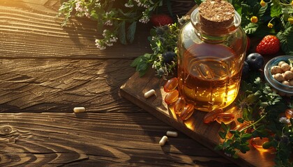 Fototapeta premium A bottle of oil sits on a wooden table next to a bowl of nuts