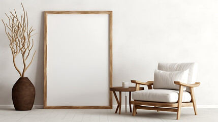 Rustic minimalist home interior lounge chair and wood stump side table with blank mock up frame. AI