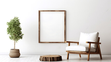 lounge chair and wood stump side table with empty blank mock up frame home interior. Generative AI
