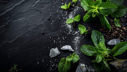 Naklejka premium A black background with a variety of herbs and spices, including pepper, salt