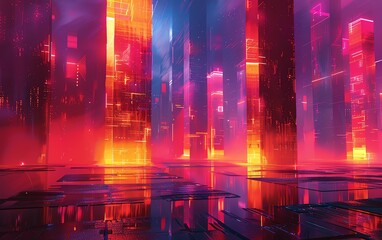 Produce a long shot of a dystopian urban landscape, featuring abstract shapes and vibrant colors illuminated by neon lights