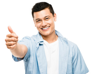 Naklejka premium Man, portrait and thumbs up for approval in studio, vote and feedback or review on white background. Male person, thank you gesture and satisfaction for agreement, motivation and promotion for emoji