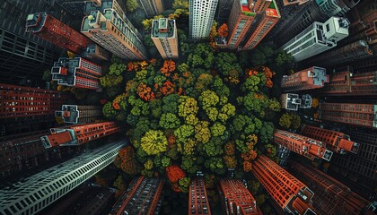 Fototapeta premium Craft a surreal collage of cityscapes and forests in worms-eye view intertwining limericks and free verse to convey a message of environmental stewardship through the lens of drone