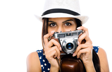 Digital camera, woman or paparazzi in portrait taking picture on studio white background for...