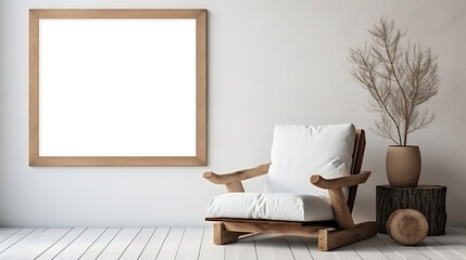 Rustic minimalist home interior lounge chair and wood stump side table with blank mock up frame. AI