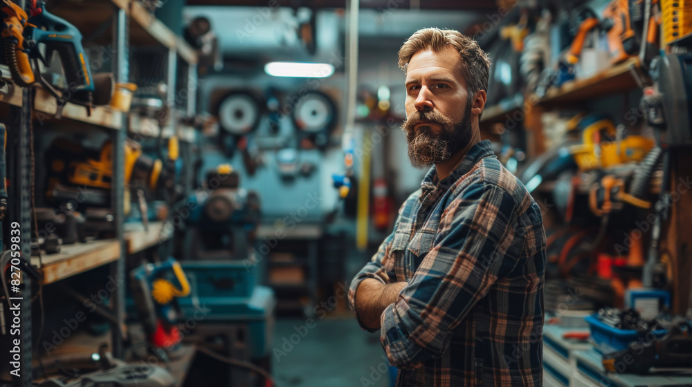 Poster focused craftsman in a workshop surrounded by an assortment of tools and machinery, representing ski