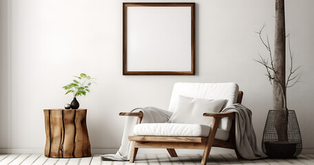 lounge chair and wood stump side table with empty blank mock up frame home interior. Generative AI