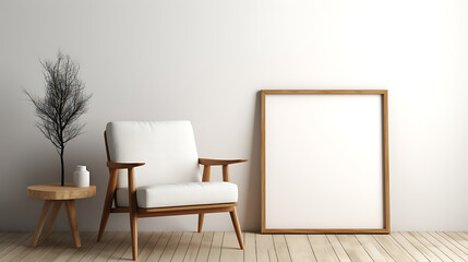 Fototapeta premium Rustic minimalist home interior lounge chair and wood stump side table with blank mock up frame. AI