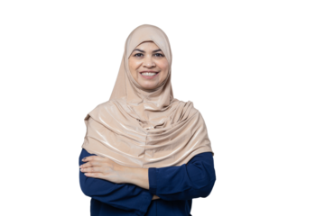 Portrait of happy indian muslim woman wearing hijab standing cross arms isolated against transparent png background