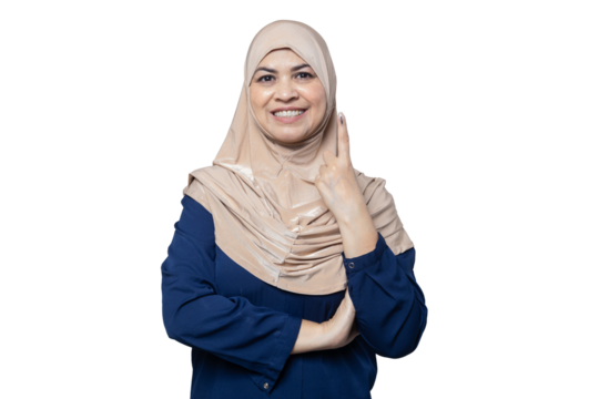 Election in india. Portrait of Smiling muslim woman wearing hijab show finger marked with ink after casting vote standing isolated  against transparent png background, Polling Booth Democracy, 