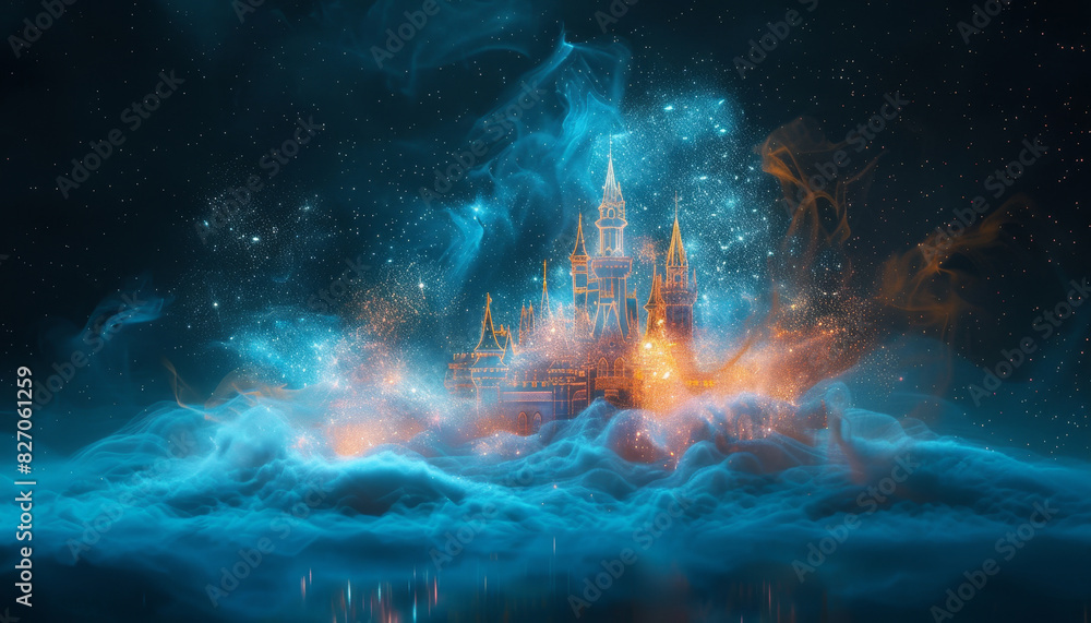 Sticker a castle is floating in the sky with a blue and orange background by ai generated image