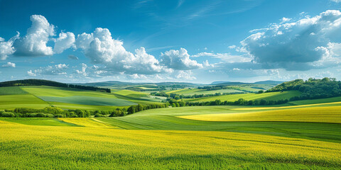 Obraz premium Rolling green hills under a bright blue sky with fluffy clouds and golden sunlight, creating a serene and picturesque rural landscape that stretches into the horizon. 